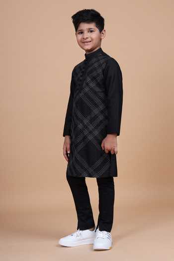 Raghavendra Rathore Blue_Black Silk, Cotton Geometrical Stitch Line Textured Kurta _Online_at_Aza_Fashions