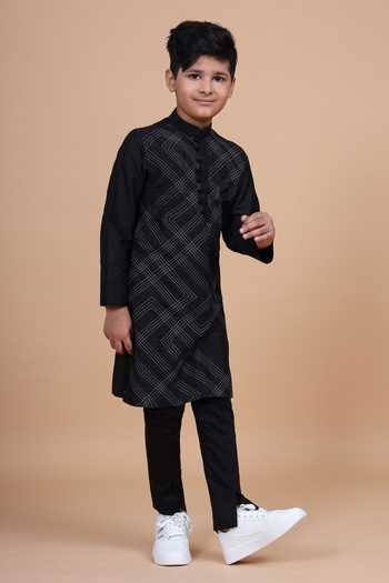 Shop_Raghavendra Rathore Blue_Black Silk, Cotton Geometrical Stitch Line Textured Kurta _Online_at_Aza_Fashions