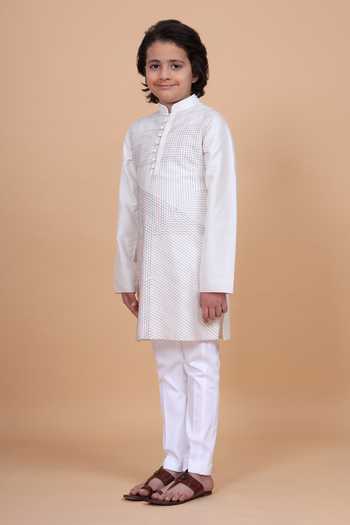 Raghavendra Rathore Blue_White Silk, Cotton Linear Criss Cross Textured Kurta _Online_at_Aza_Fashions