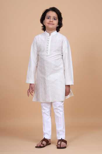 Buy_Raghavendra Rathore Blue_White Silk, Cotton Linear Criss Cross Textured Kurta _Online_at_Aza_Fashions