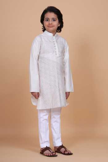 Shop_Raghavendra Rathore Blue_White Silk, Cotton Linear Criss Cross Textured Kurta _Online_at_Aza_Fashions