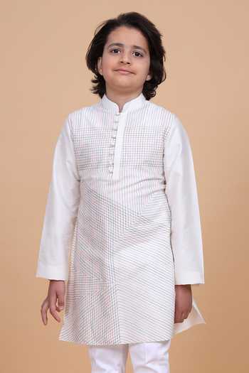 Raghavendra Rathore Blue White Silk, Cotton Linear Criss Cross Textured Kurta at Aza Fashions Raghavendra Rathore Blue_White Silk, Cotton Linear Criss Cross Textured Kurta _at_Aza_Fashions