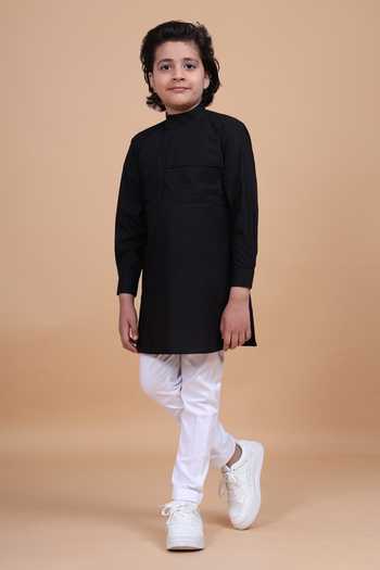 Raghavendra Rathore Blue_Black Cotton Pocketed Collared Short Kurta _Online_at_Aza_Fashions