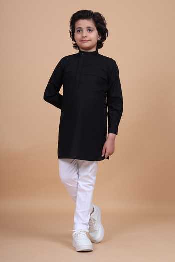 Buy_Raghavendra Rathore Blue_Black Cotton Pocketed Collared Short Kurta _Online_at_Aza_Fashions