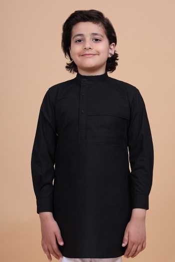 Shop_Raghavendra Rathore Blue_Black Cotton Pocketed Collared Short Kurta _Online_at_Aza_Fashions