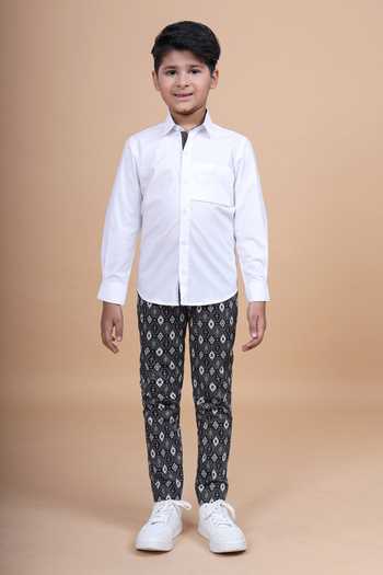 Buy_Raghavendra Rathore Blue_White Cotton Printed Trimming Shirt _Online_at_Aza_Fashions