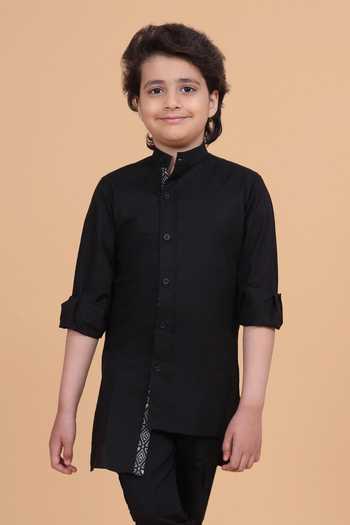 Raghavendra Rathore Blue_Black Cotton Front Open Long Shirt _Online_at_Aza_Fashions