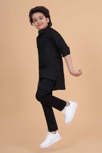 Buy_Raghavendra Rathore Blue_Black Cotton Front Open Long Shirt _Online_at_Aza_Fashions
