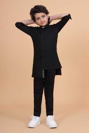 Shop_Raghavendra Rathore Blue_Black Cotton Front Open Long Shirt _Online_at_Aza_Fashions