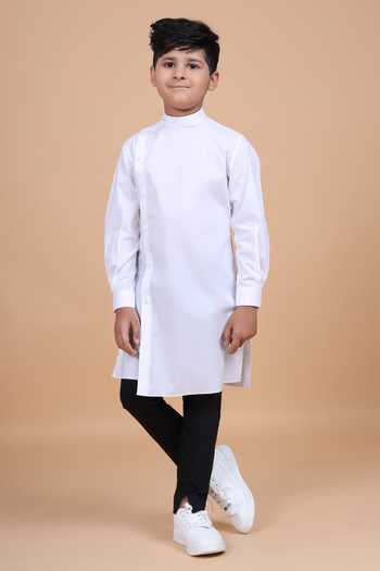 Raghavendra Rathore Blue_White Cotton Side Placket Asymmetric Shirt Kurta _Online_at_Aza_Fashions