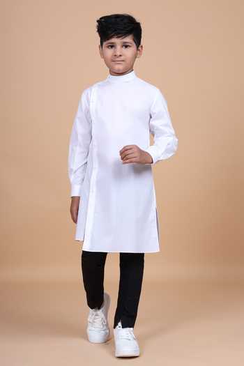 Buy_Raghavendra Rathore Blue_White Cotton Side Placket Asymmetric Shirt Kurta _Online_at_Aza_Fashions