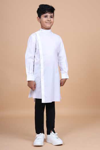 Shop_Raghavendra Rathore Blue_White Cotton Side Placket Asymmetric Shirt Kurta _Online_at_Aza_Fashions