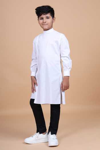 Raghavendra Rathore Blue_White Cotton Side Placket Asymmetric Shirt Kurta _at_Aza_Fashions