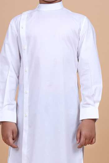 Buy_Raghavendra Rathore Blue_White Cotton Side Placket Asymmetric Shirt Kurta 
