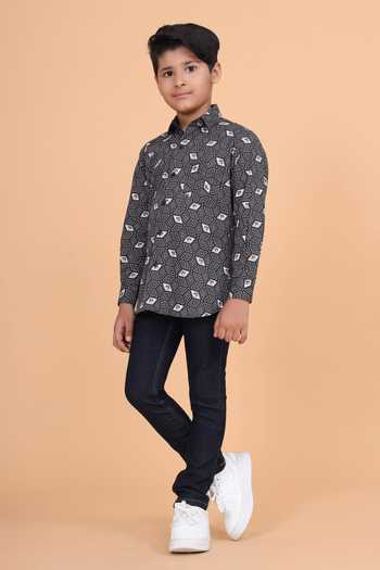 Raghavendra Rathore Blue_Grey Cotton Tiger Print Outdoor Shirt _Online_at_Aza_Fashions