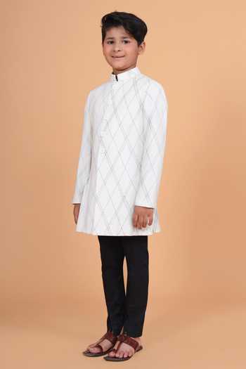 Raghavendra Rathore Blue_White Silk, Cotton The Tuck And Stitch Achkan _Online_at_Aza_Fashions