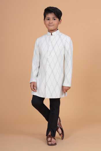 Buy_Raghavendra Rathore Blue_White Silk, Cotton The Tuck And Stitch Achkan _Online_at_Aza_Fashions