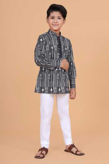 Raghavendra Rathore Blue_Black Cotton The Linear Print Kurta _Online_at_Aza_Fashions