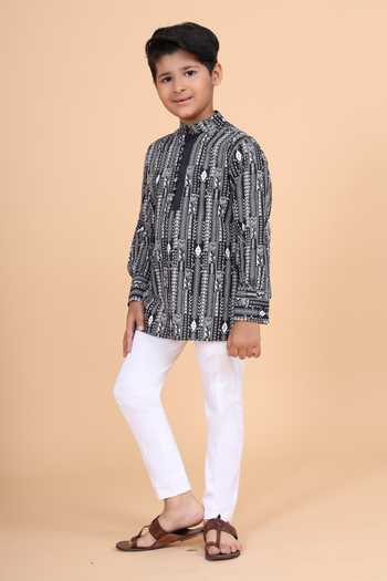 Buy_Raghavendra Rathore Blue_Black Cotton The Linear Print Kurta _Online_at_Aza_Fashions