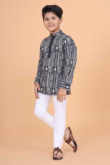 Shop_Raghavendra Rathore Blue_Black Cotton The Linear Print Kurta _Online_at_Aza_Fashions