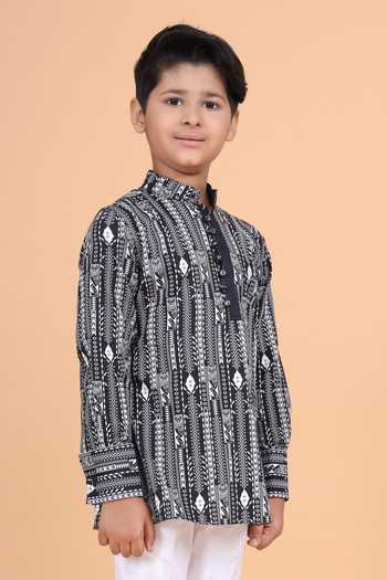 Raghavendra Rathore Blue_Black Cotton The Linear Print Kurta _at_Aza_Fashions