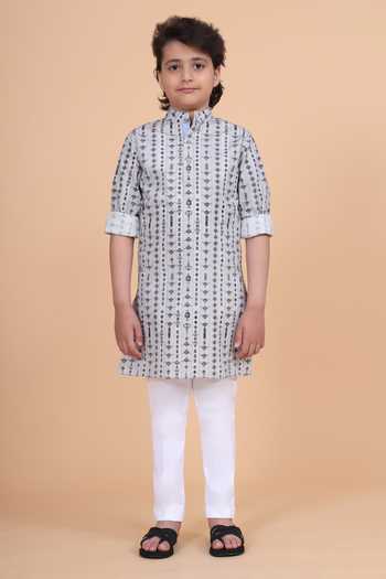 Buy_Raghavendra Rathore Blue_Blue Cotton Linear Print Short Kurta _Online_at_Aza_Fashions