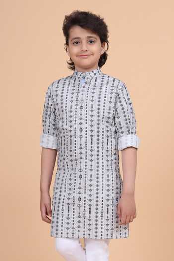 Raghavendra Rathore Blue Linear Print Short Cotton Kurta 