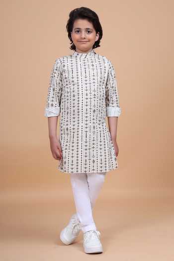 Shop_Raghavendra Rathore Blue_Peach Cotton The Linear Print Short Kurta _Online_at_Aza_Fashions