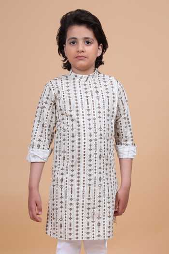 Raghavendra Rathore Blue_Peach Cotton The Linear Print Short Kurta _at_Aza_Fashions