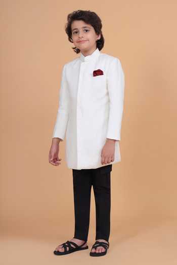 Raghavendra Rathore Blue_Off White Cotton, Linen The Short Concealed Placket Achkan _Online_at_Aza_Fashions