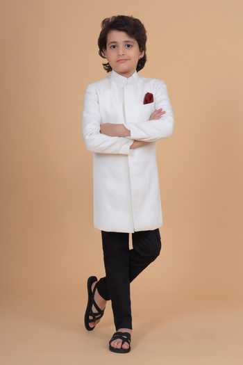 Buy_Raghavendra Rathore Blue_Off White Cotton, Linen The Short Concealed Placket Achkan _Online_at_Aza_Fashions
