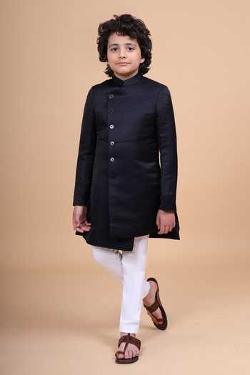 Raghavendra Rathore Blue_Blue Silk, Linen Asymmetric Oblique Achkan _Online_at_Aza_Fashions
