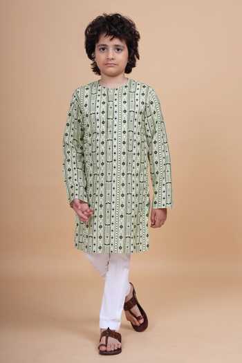 Buy_Raghavendra Rathore Blue_Beige Cotton Printed Kurta _Online_at_Aza_Fashions