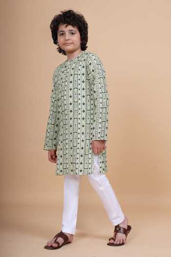 Shop_Raghavendra Rathore Blue_Beige Cotton Printed Kurta _Online_at_Aza_Fashions