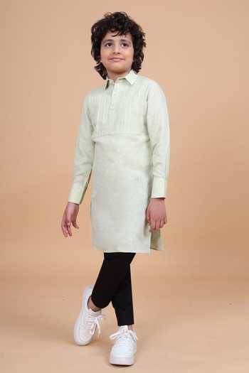 Raghavendra Rathore Blue_Beige Linen The Pintucked Yoke Kurta _Online_at_Aza_Fashions