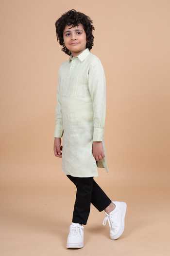 Buy_Raghavendra Rathore Blue_Beige Linen The Pintucked Yoke Kurta _Online_at_Aza_Fashions