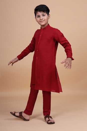 Raghavendra Rathore Blue_Red Cotton, Linen Shirt Kurta _Online_at_Aza_Fashions