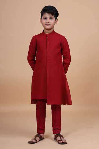 Raghavendra Rathore Blue_Red Cotton, Linen Shirt Kurta _at_Aza_Fashions