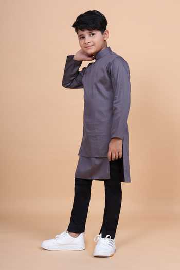 Raghavendra Rathore Blue_Grey Cotton The Godet Shirt Kurta _Online_at_Aza_Fashions