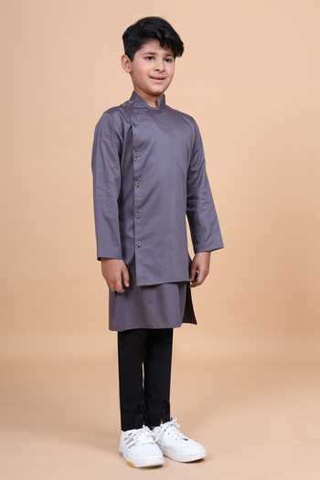 Shop_Raghavendra Rathore Blue_Grey Cotton The Godet Shirt Kurta _Online_at_Aza_Fashions