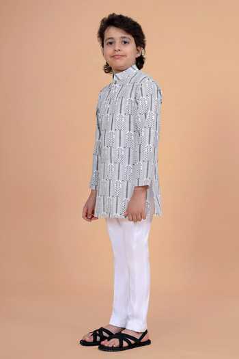 Raghavendra Rathore Blue_Grey Cotton Printed Kurta _Online_at_Aza_Fashions
