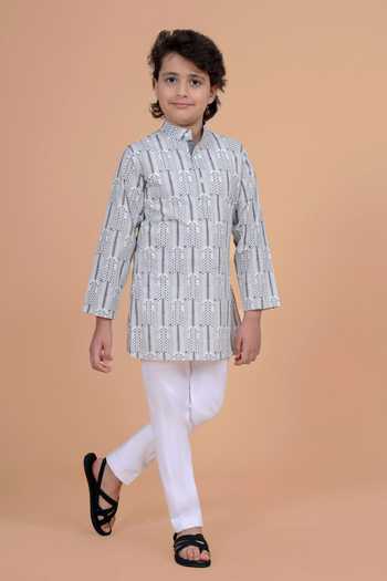 Buy_Raghavendra Rathore Blue_Grey Cotton Printed Kurta _Online_at_Aza_Fashions
