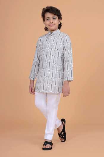 Shop_Raghavendra Rathore Blue_Grey Cotton Printed Kurta _Online_at_Aza_Fashions