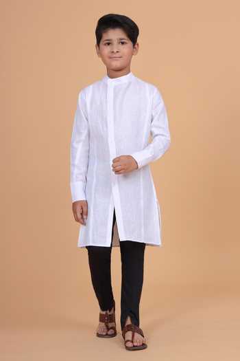 Raghavendra Rathore Blue_White Cotton, Linen The Crossover Placket Shirt Kurta _Online_at_Aza_Fashions