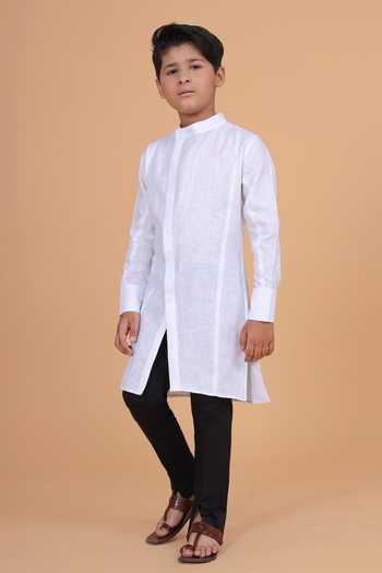Shop_Raghavendra Rathore Blue_White Cotton, Linen The Crossover Placket Shirt Kurta _Online_at_Aza_Fashions
