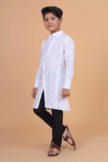 Raghavendra Rathore Blue_White Cotton, Linen The Crossover Placket Shirt Kurta _at_Aza_Fashions