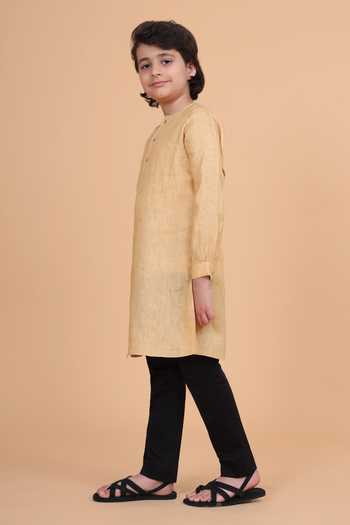 Raghavendra Rathore Blue_Beige Cotton, Linen Round Neck Flap Kurta _Online_at_Aza_Fashions