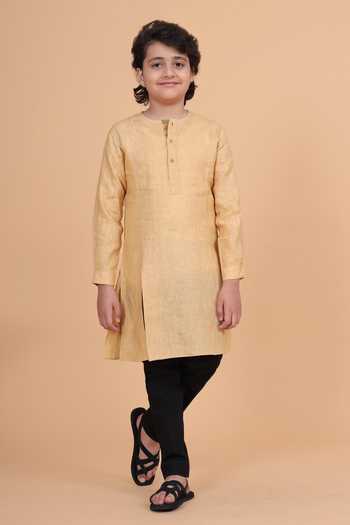 Buy_Raghavendra Rathore Blue_Beige Cotton, Linen Round Neck Flap Kurta _Online_at_Aza_Fashions