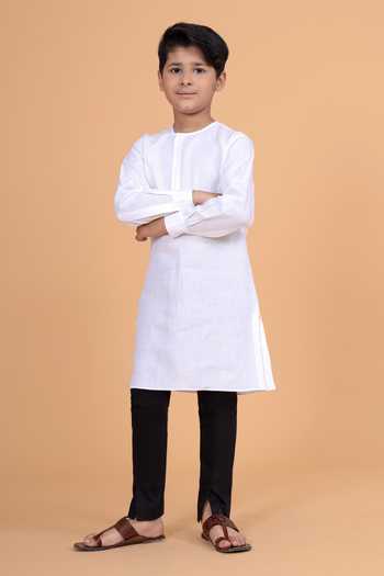 Raghavendra Rathore Blue_White Cotton, Linen Plain Kurta _Online_at_Aza_Fashions