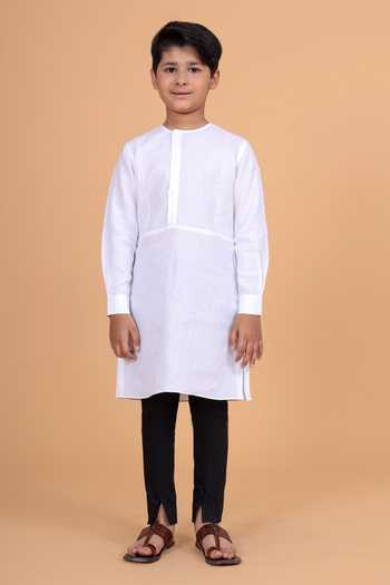 Shop_Raghavendra Rathore Blue_White Cotton, Linen Plain Kurta _Online_at_Aza_Fashions